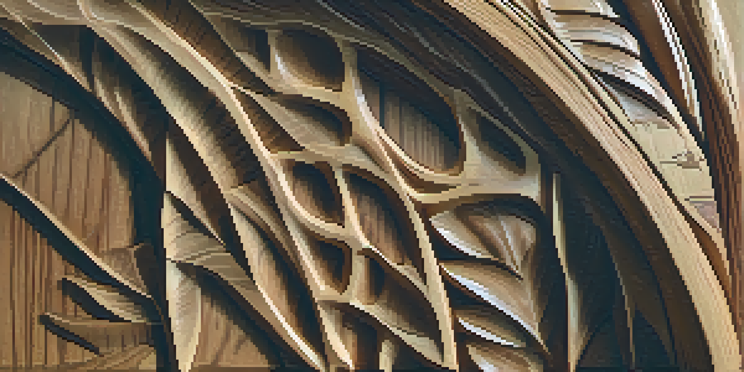 Close-up view of a carved wooden sculpture, highlighting its intricate textures and patterns illuminated by soft natural light.