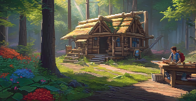 A young adult player assembling a wooden structure in a bright forest, with sunlight filtering through the trees.