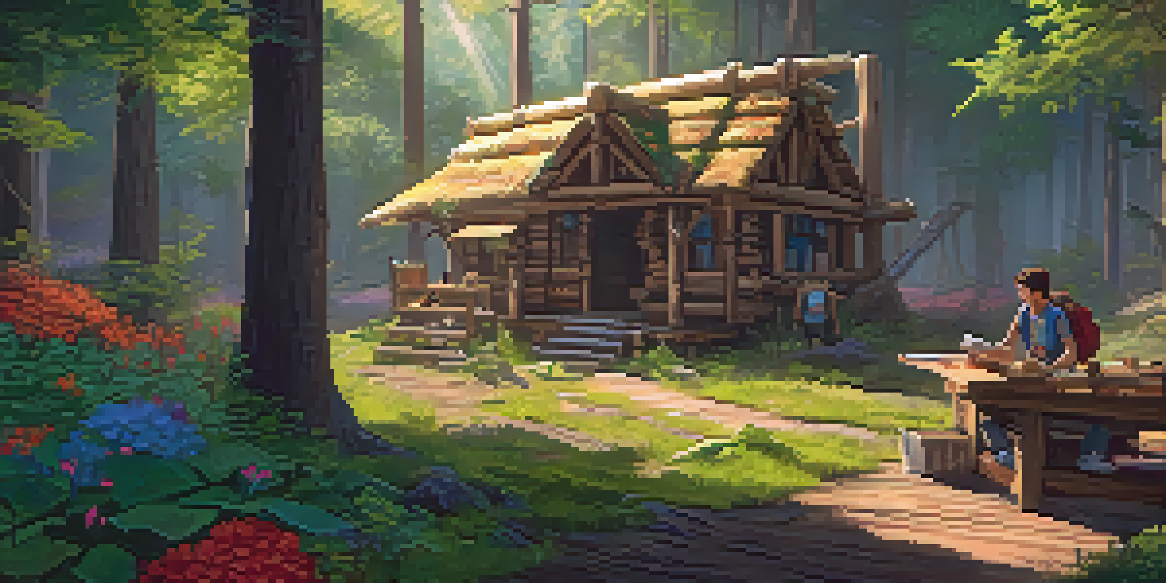 A young adult player assembling a wooden structure in a bright forest, with sunlight filtering through the trees.