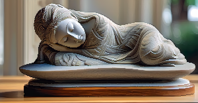A detailed close-up of a stone sculpture on a wooden base, illuminated by natural light in a serene garden.