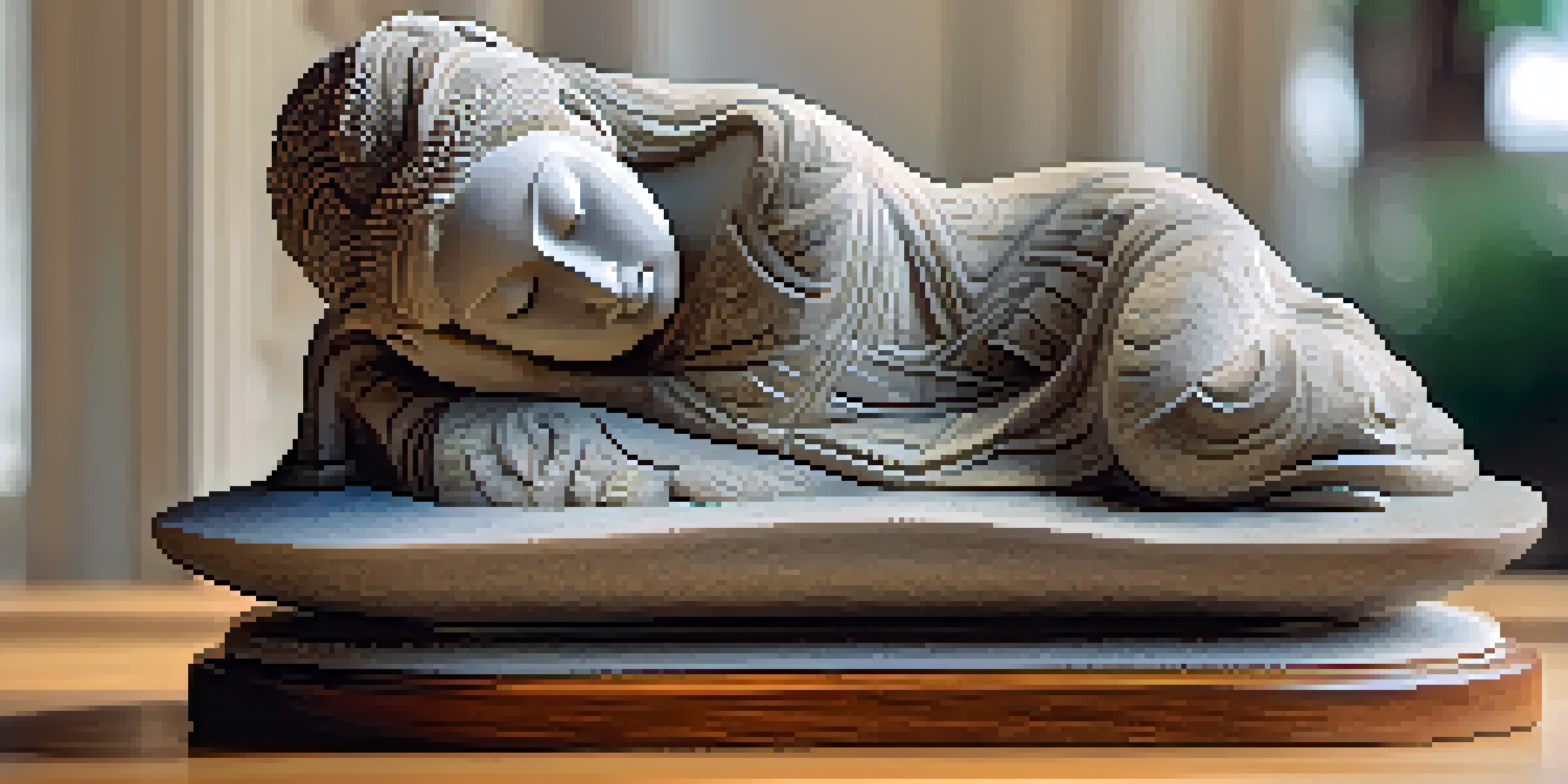 A detailed close-up of a stone sculpture on a wooden base, illuminated by natural light in a serene garden.