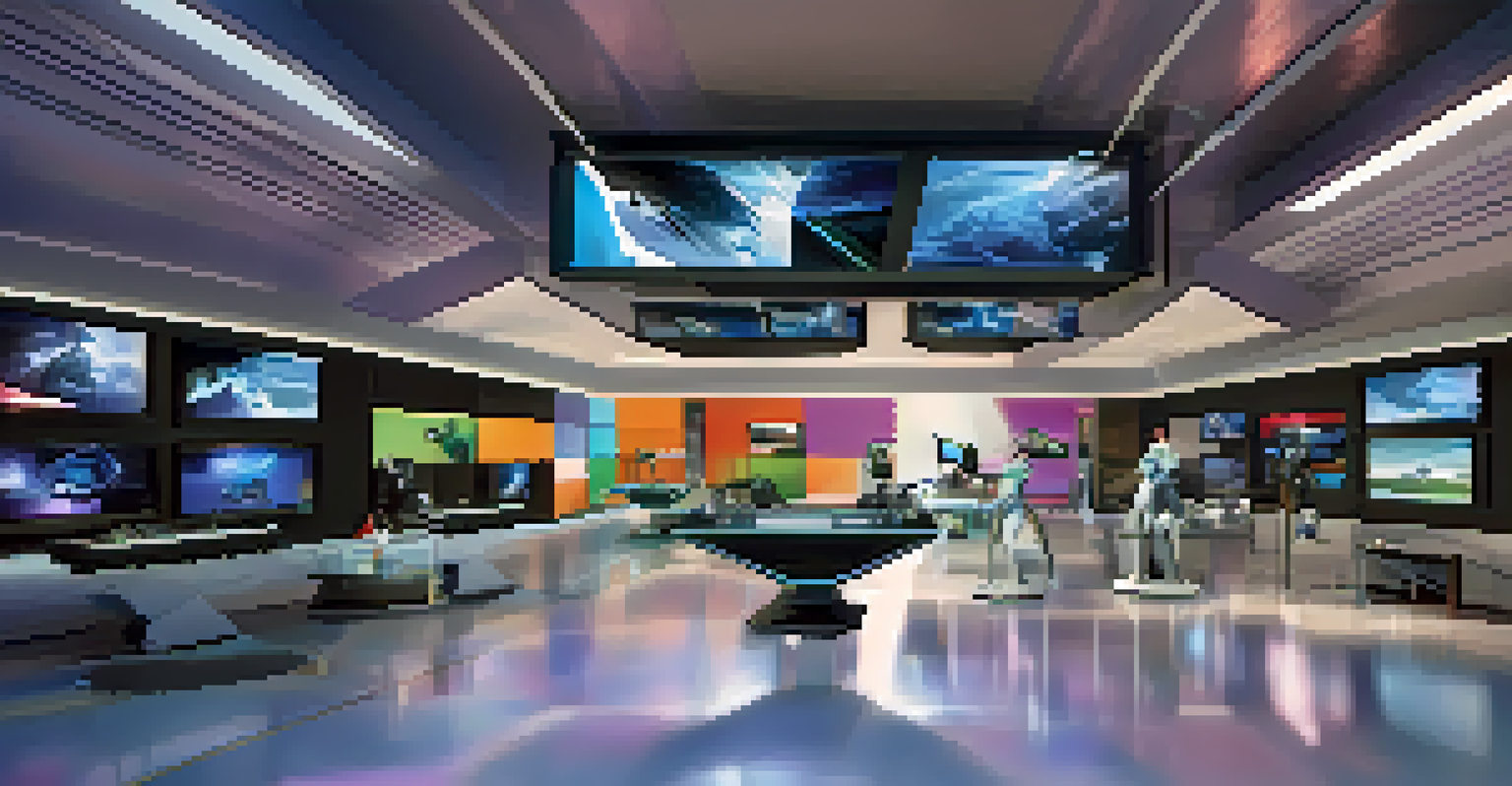 A futuristic animation studio with advanced technology and colorful lighting, showcasing animated character creation.