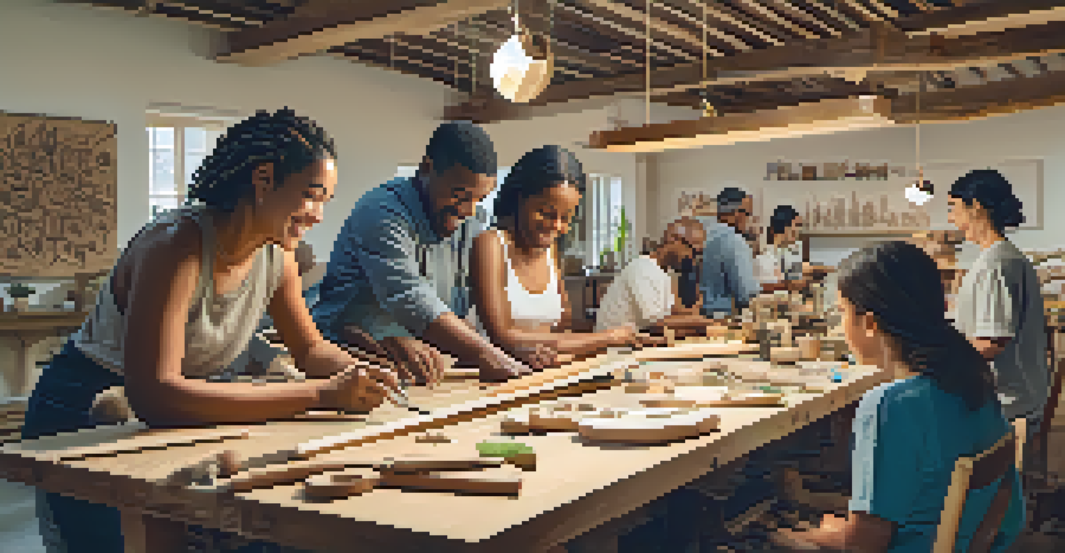 A diverse group of people participating in a carving workshop, sharing ideas and working on their projects in a bright room.