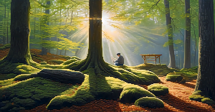 A peaceful forest with sunlight filtering through trees, an artist carving oak wood in the foreground.