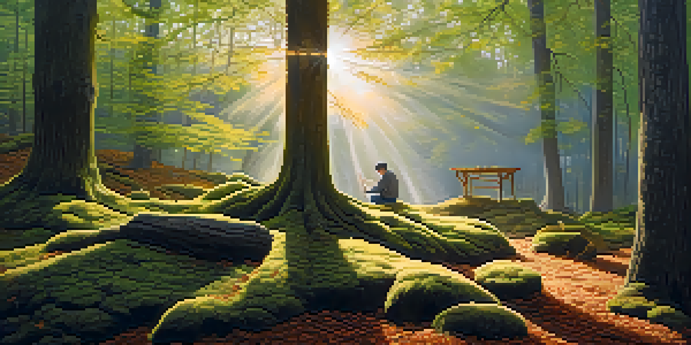 A peaceful forest with sunlight filtering through trees, an artist carving oak wood in the foreground.