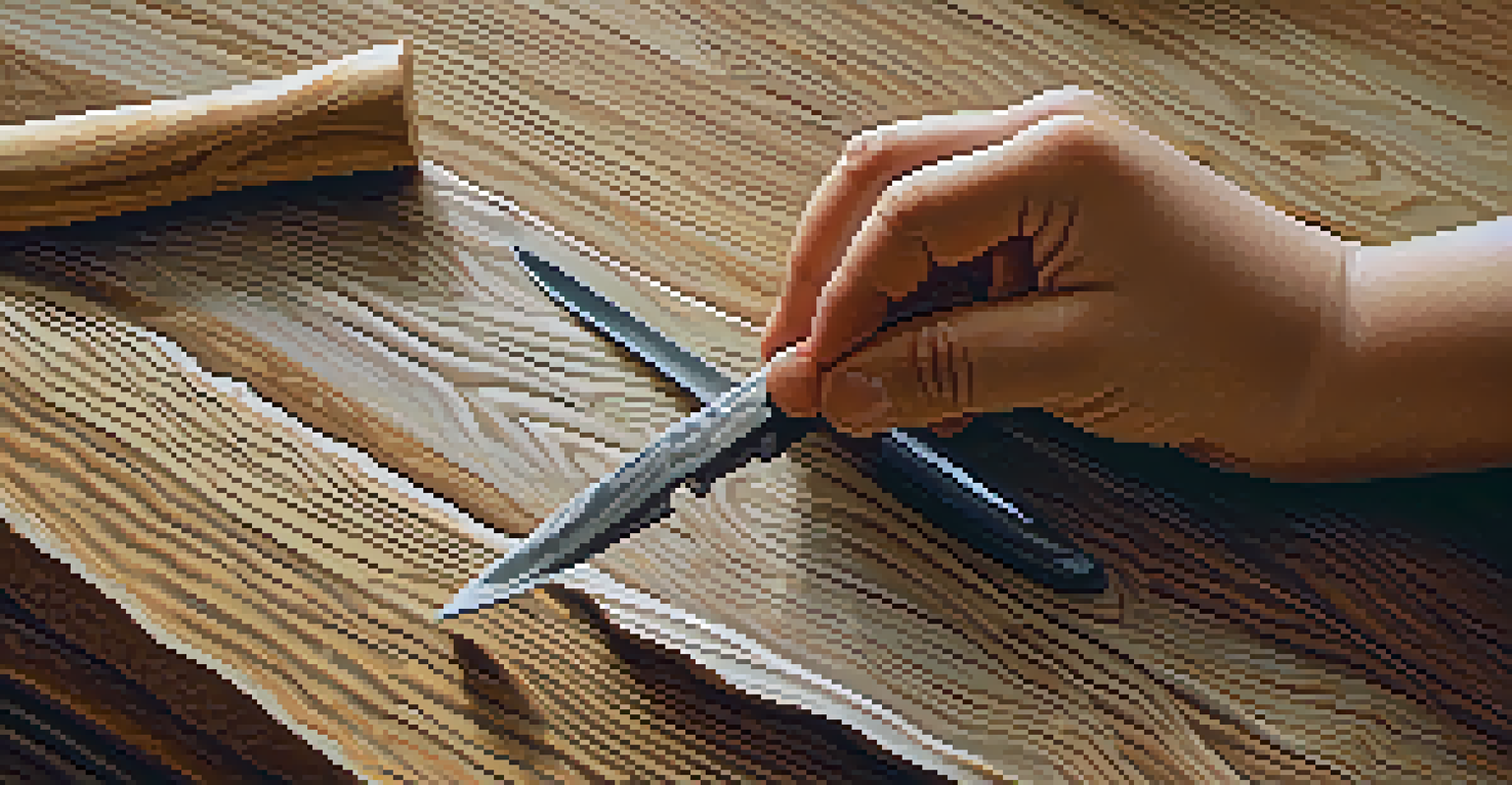 Close-up of a child's hands with a whittling knife carving wood, with a blurred background emphasizing the process.