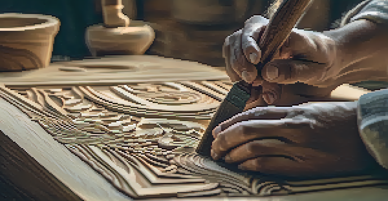 Close-up of hands carving intricate designs into wood, showcasing tools and the texture of the material.