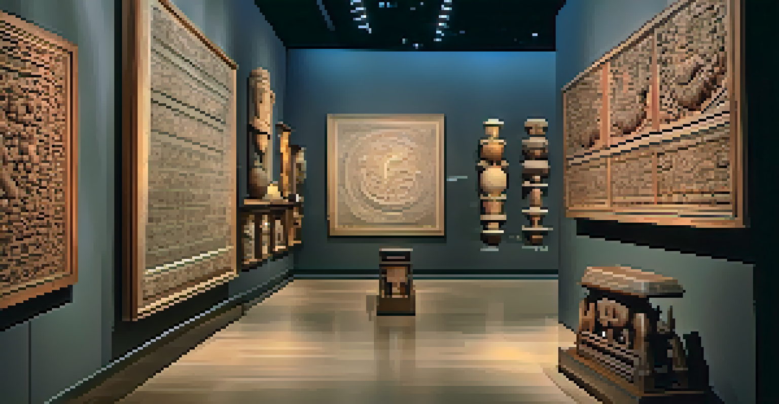 A museum exhibition featuring traditional carvings from various cultures, with spotlights highlighting the diverse materials and styles.