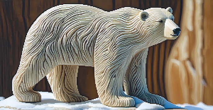 A detailed wooden carving of a polar bear with intricate textures, set against a snowy background.