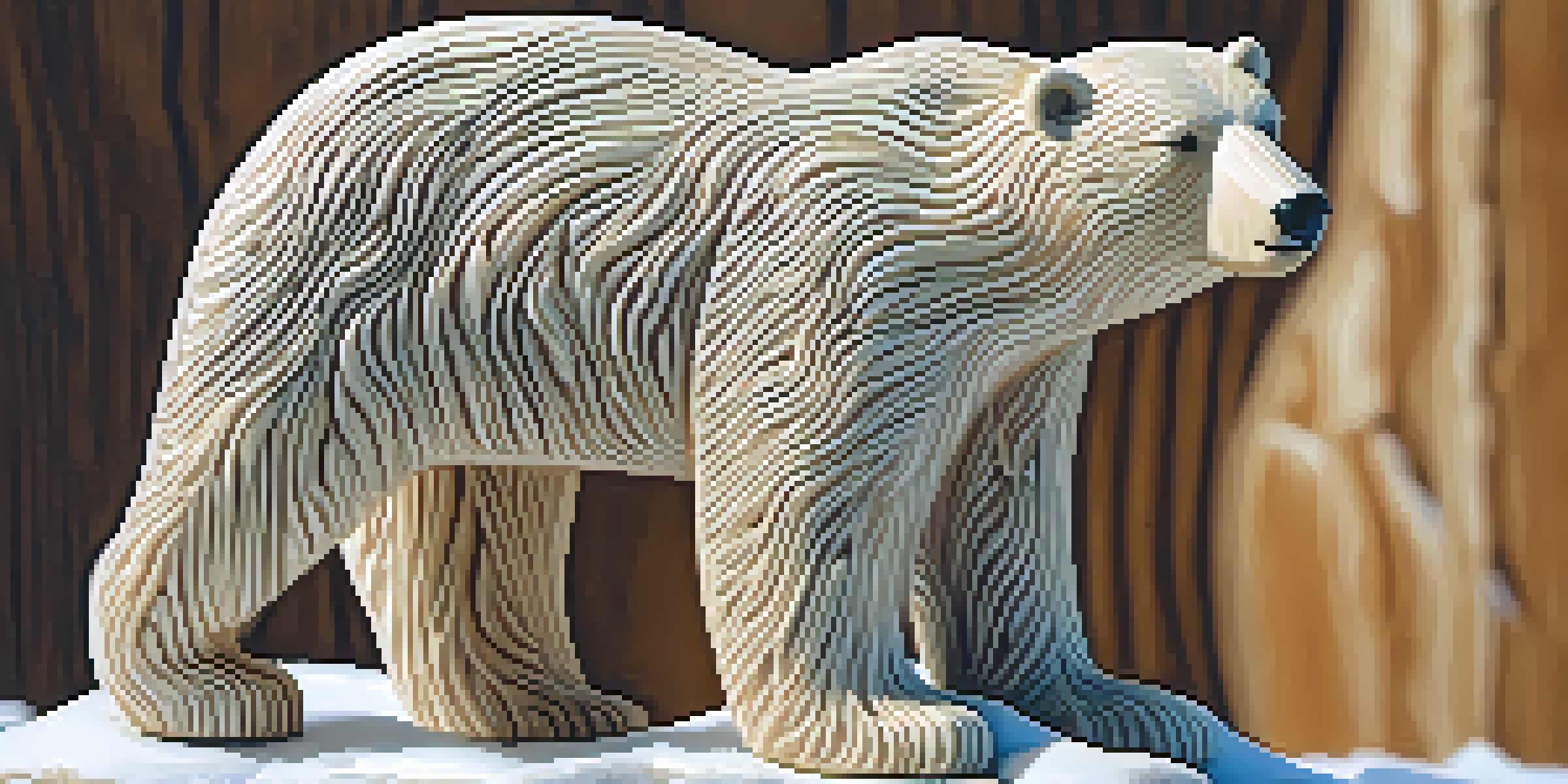 A detailed wooden carving of a polar bear with intricate textures, set against a snowy background.