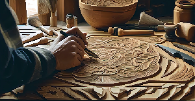An artisan is carefully carving a wooden panel, with tools scattered around in a warmly lit workshop.