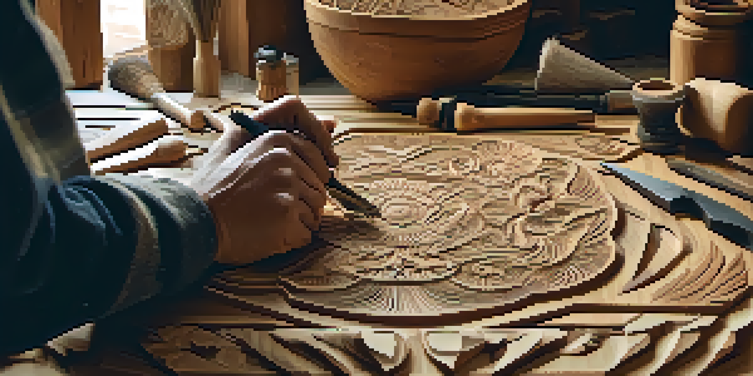 An artisan is carefully carving a wooden panel, with tools scattered around in a warmly lit workshop.