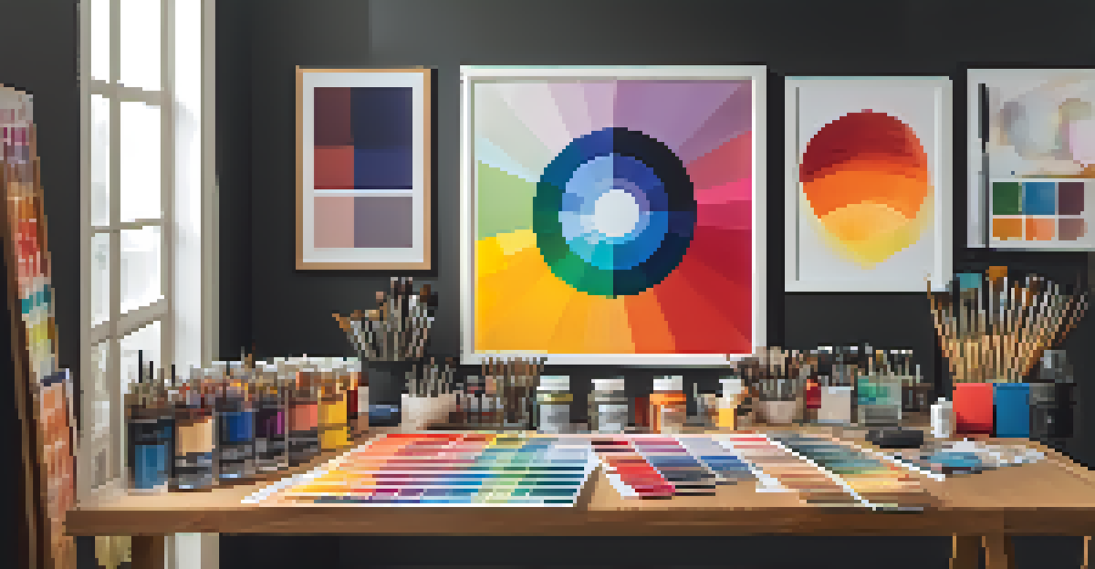A color wheel surrounded by paint tubes and brushes on a desk, with abstract art pieces in the background and soft lighting.