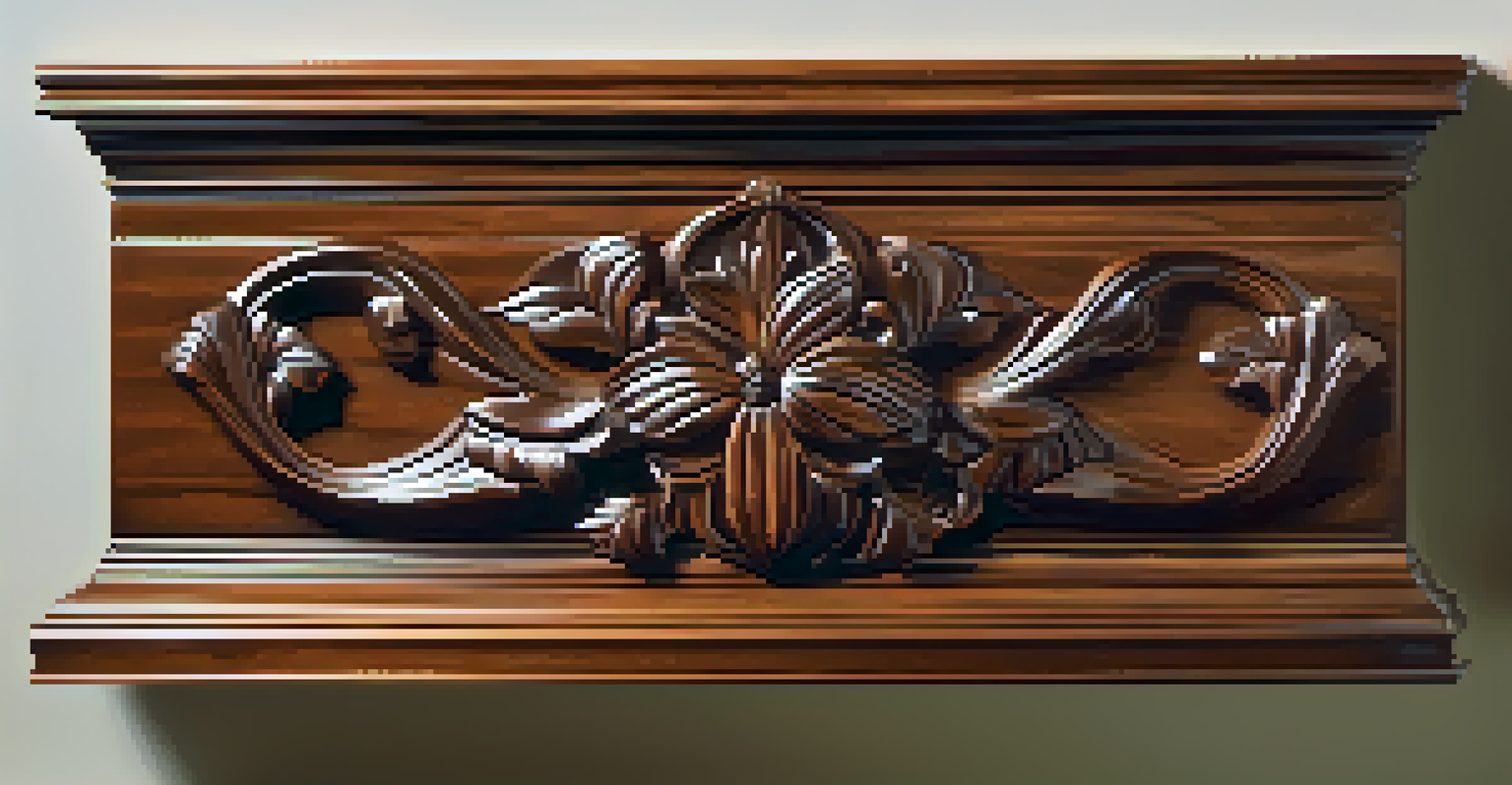A finished carved wooden piece with a glossy finish, showcasing intricate details and vibrant colors on a shelf.