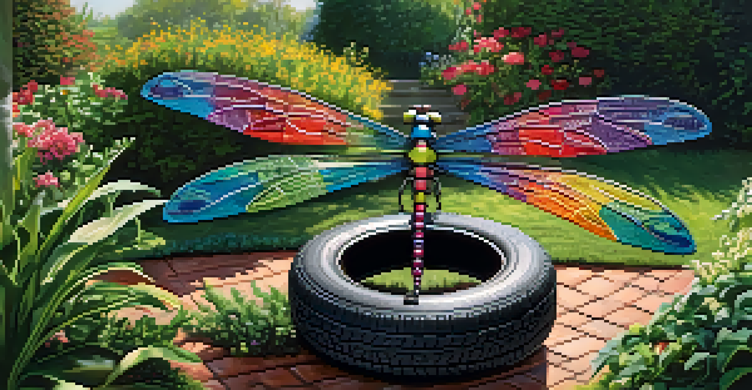 A close-up of a colorful tire sculpture of a dragonfly, showcased in a garden with blooming plants around it.