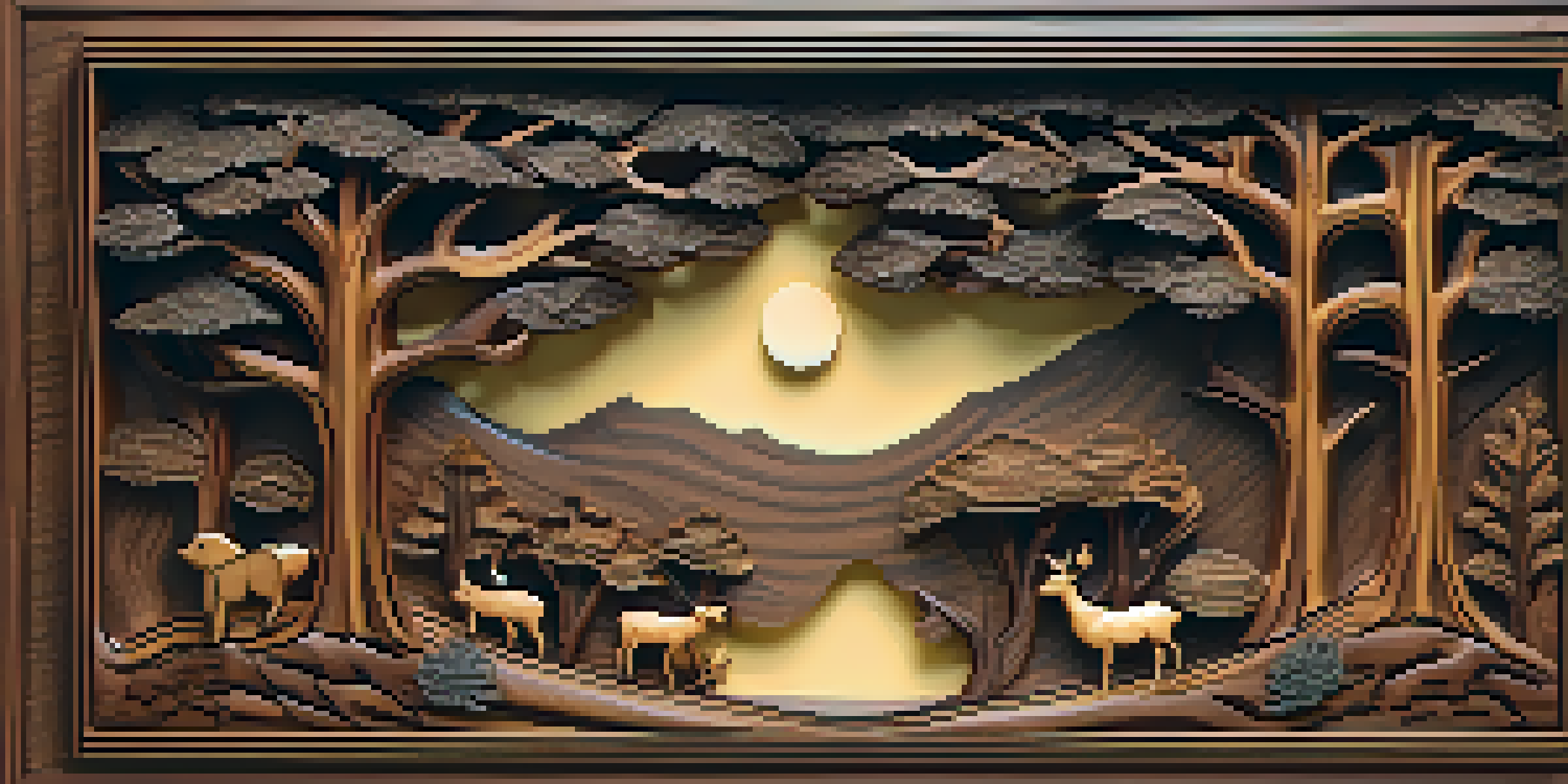 A wooden relief carving depicting a serene forest scene with detailed trees, leaves, and animals, illuminated by warm lighting.