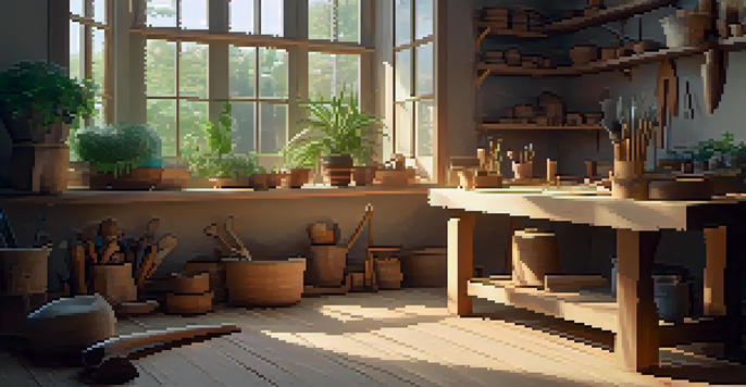 A peaceful workshop with a wooden carving bench and tools, illuminated by soft light from a window, surrounded by wood shavings and a plant.