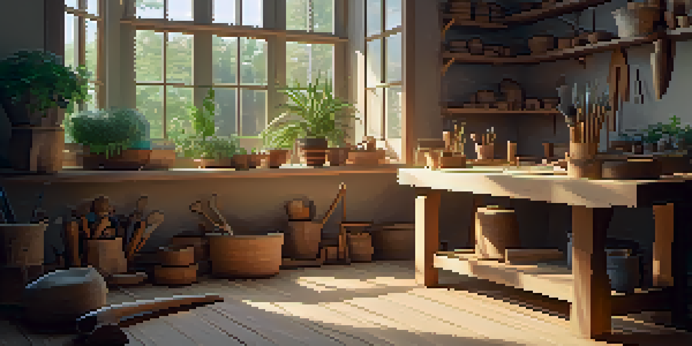 A peaceful workshop with a wooden carving bench and tools, illuminated by soft light from a window, surrounded by wood shavings and a plant.