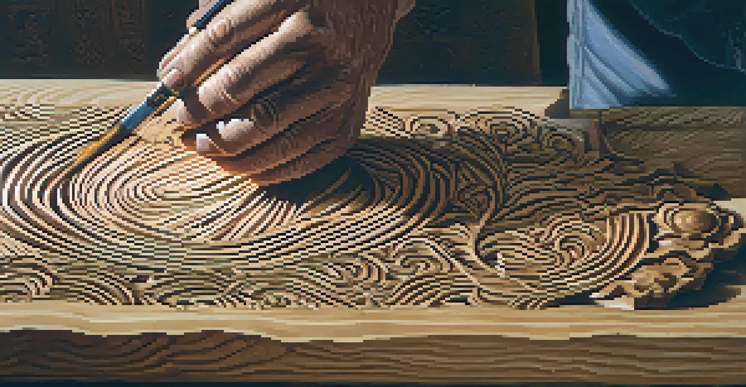 Close-up of hands carving intricate designs into wood with visible textures and patterns.
