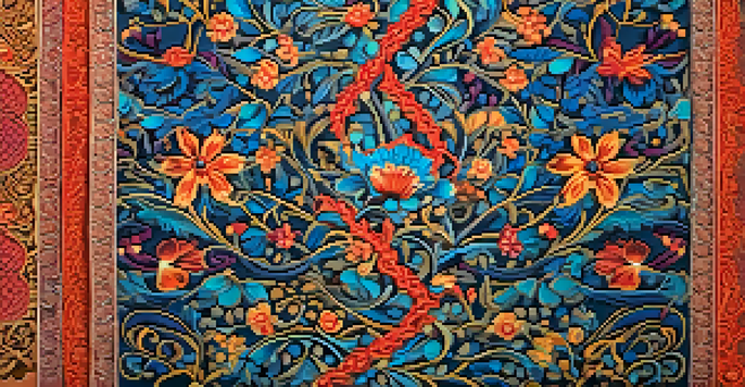 A close-up of a textured fabric with intricate floral carvings, illuminated by soft light.