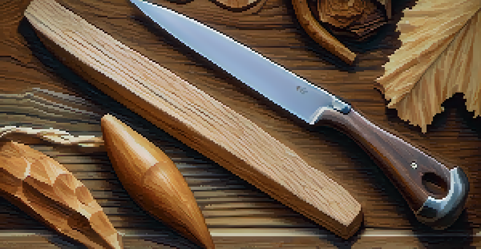 A close-up of a wooden carving knife on reclaimed wood, showcasing the handle and blade, with wood shavings and tools in the background.