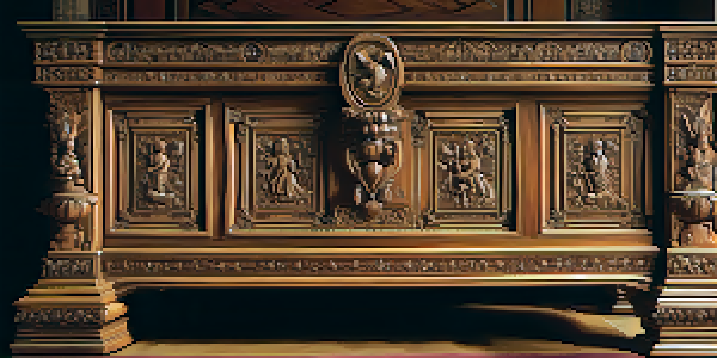 A Renaissance-style wooden chest adorned with intricate carvings of flowers and mythological figures, illuminated by soft sunlight in a warm-toned room.