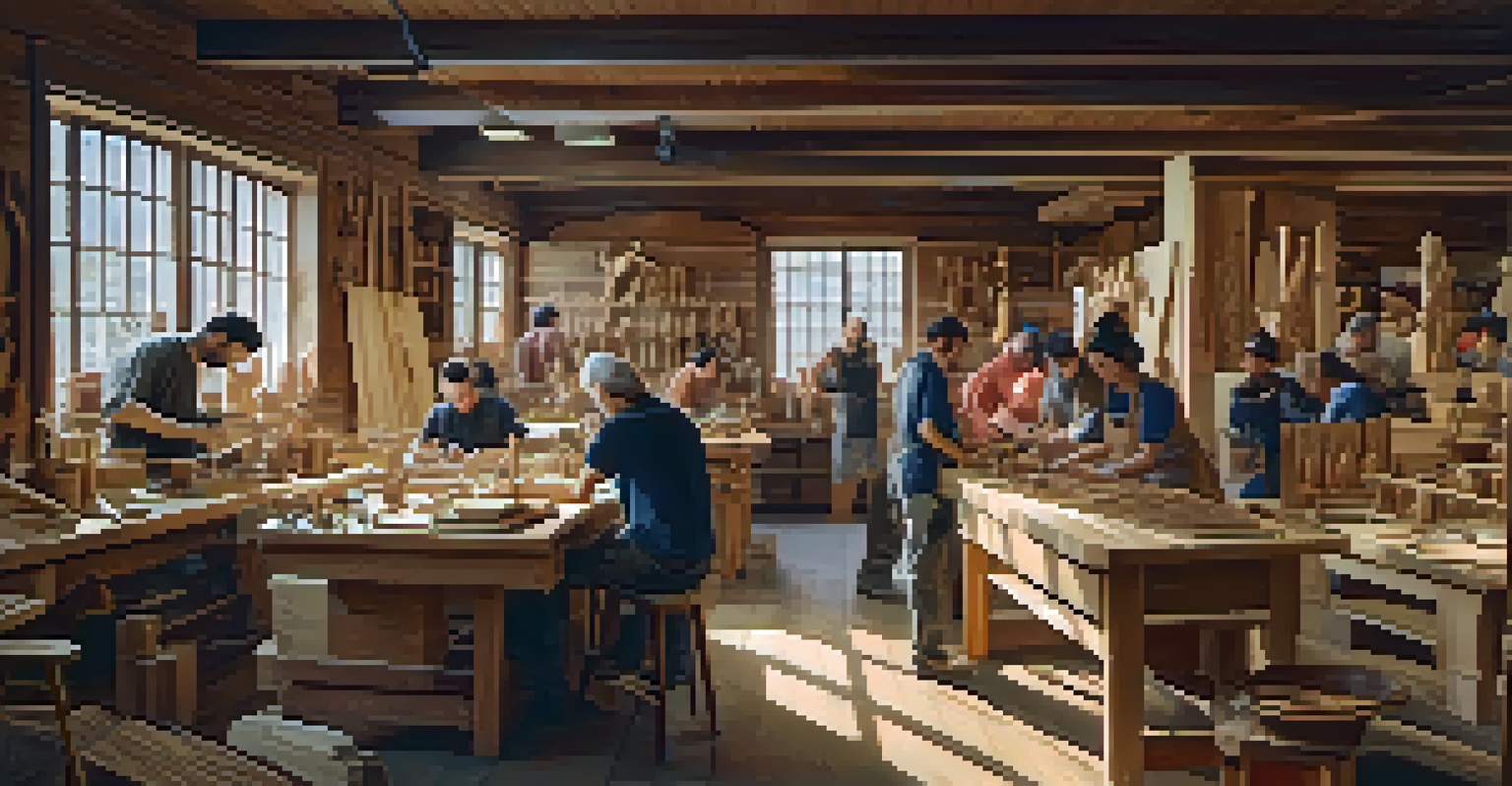 A lively workshop with multiple artists carving wood, surrounded by tools and finished artworks.