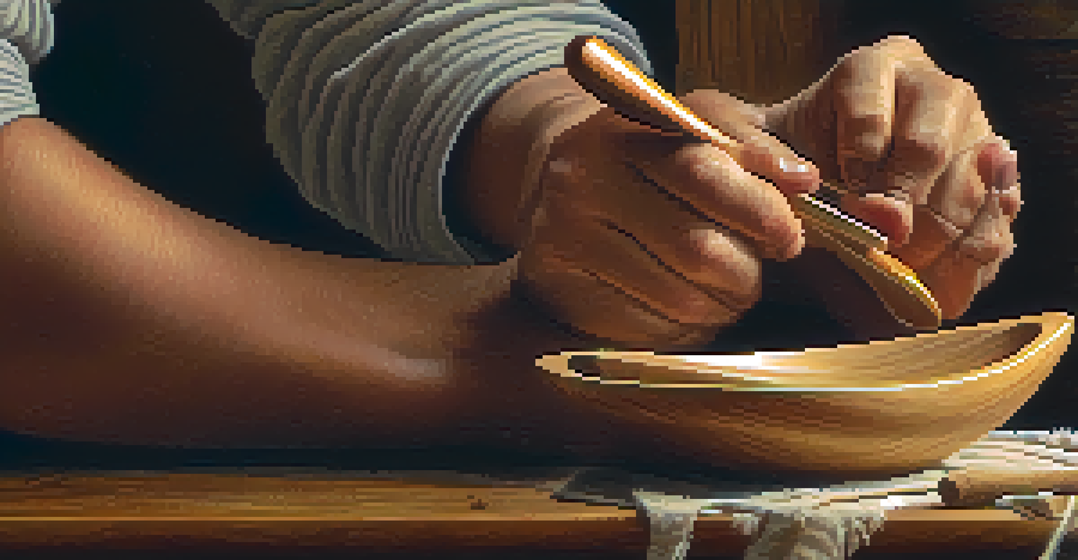 An artisan's hands sanding a polished wooden spoon surrounded by wood shavings.