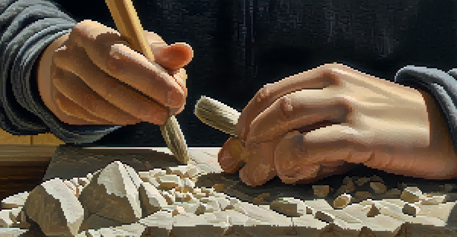 Close-up of a student's hands chiseling stone, showing tools and stone texture with small chips flying off.