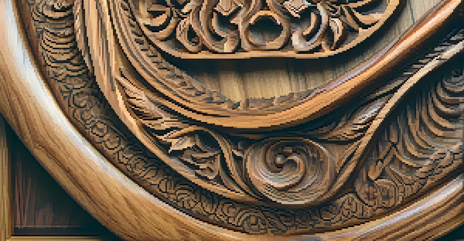 A detailed close-up of a wooden sculpture on a rustic table, showcasing the craftsmanship and wood grain.