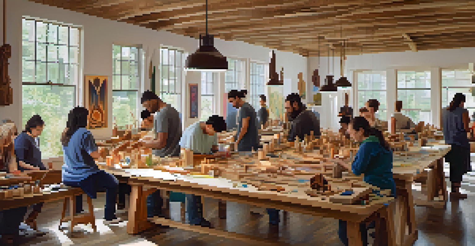 A community workshop with diverse artists sharing carving techniques around a wooden table, with colorful carved pieces displayed on the walls.