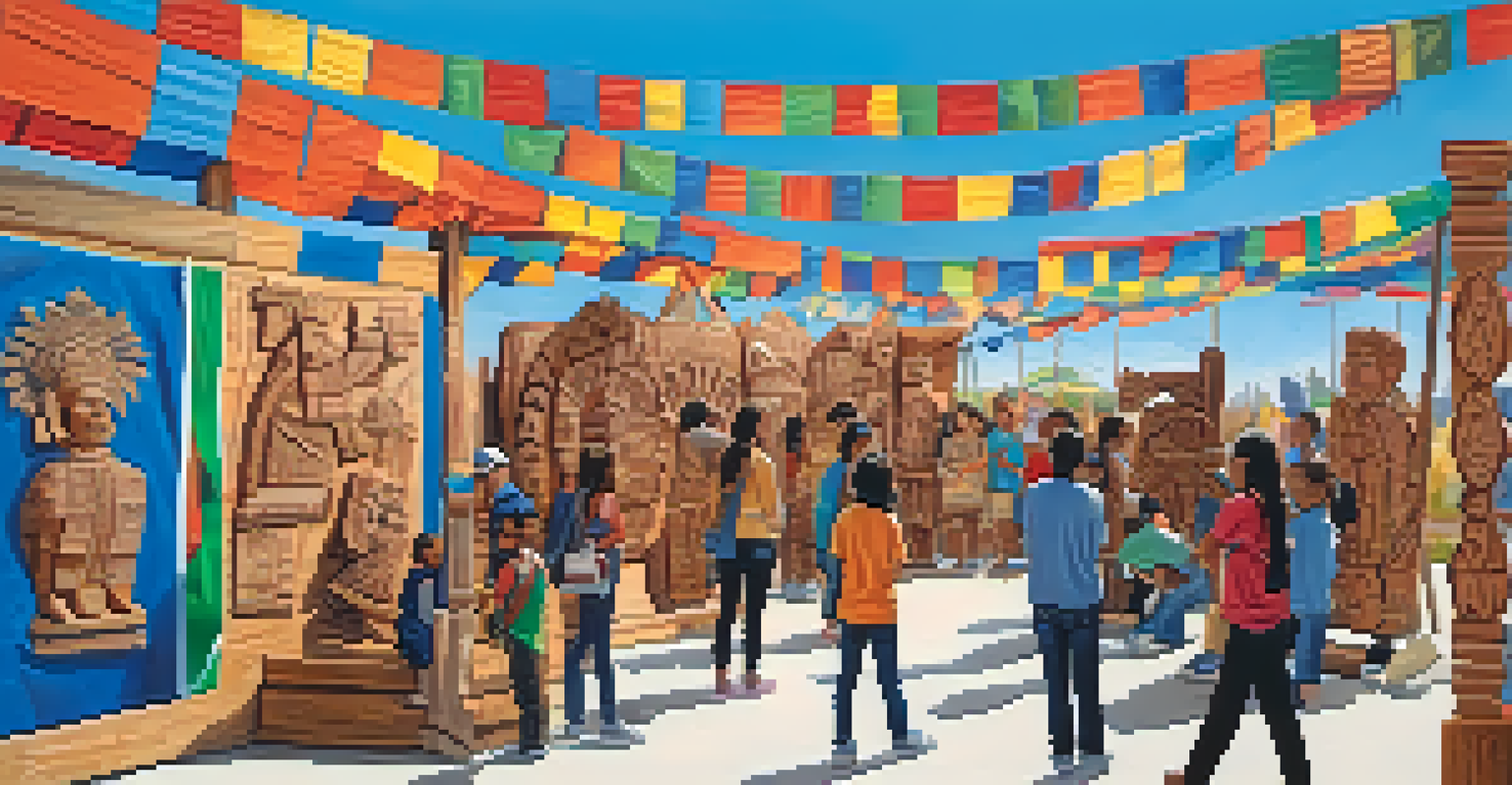An outdoor art exhibition with wooden carvings by youth artists, featuring colorful banners and admirers.