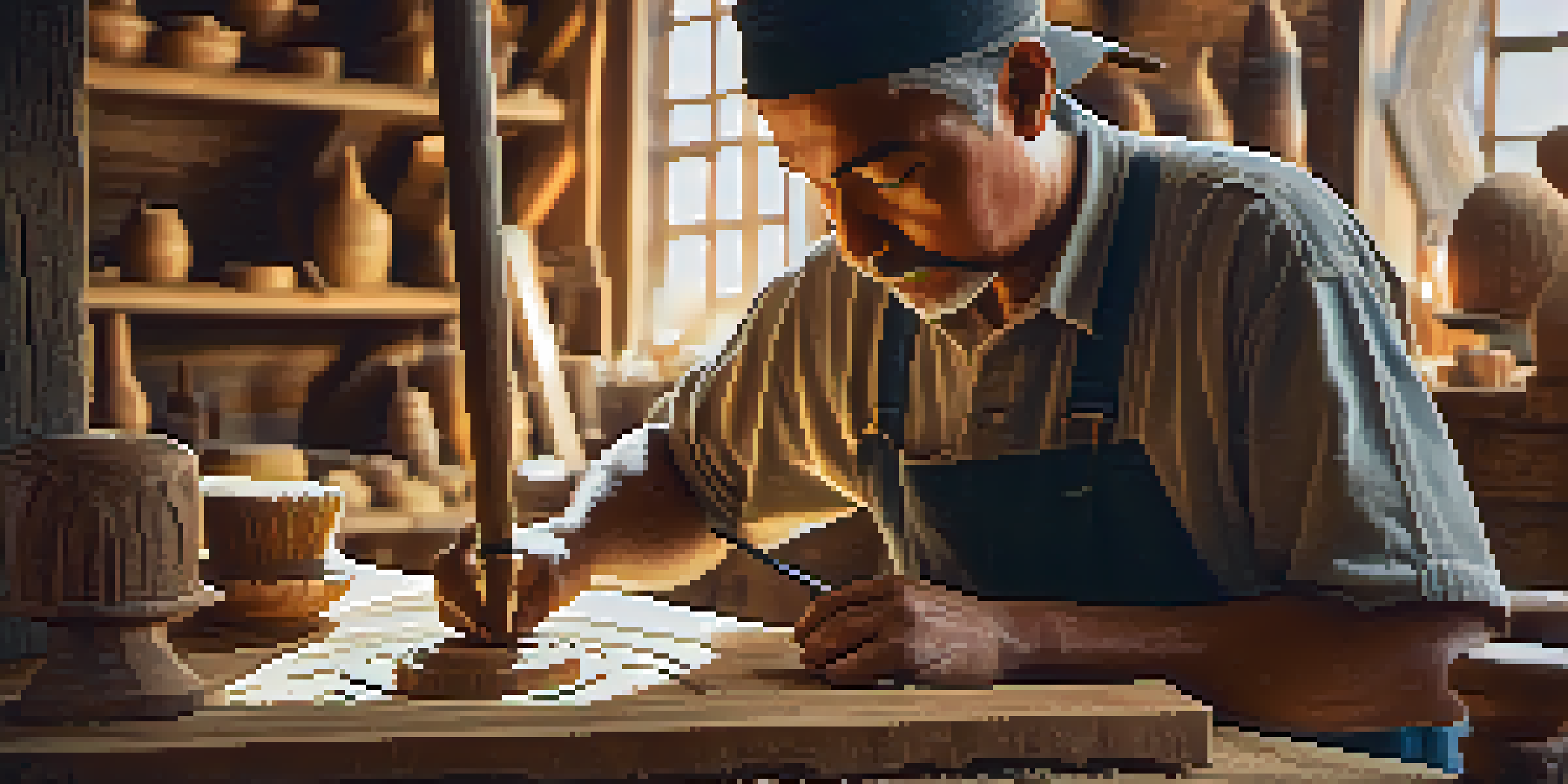 An artisan restoring a wooden artifact with hand carving techniques in a well-lit workshop.