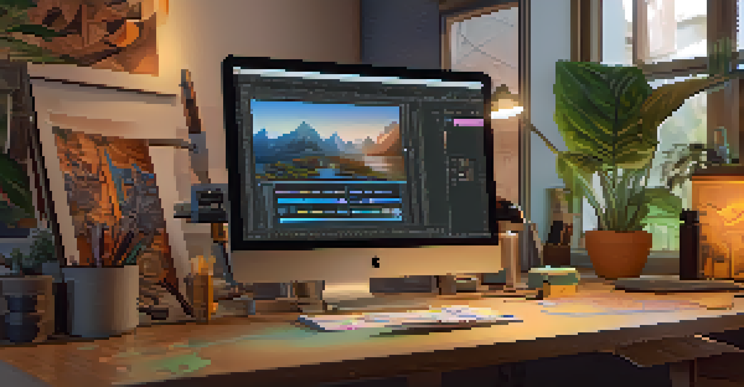 A computer screen shows a colorful 3D design for digital carving, with sketches and a CNC machine visible in a warmly lit workspace.