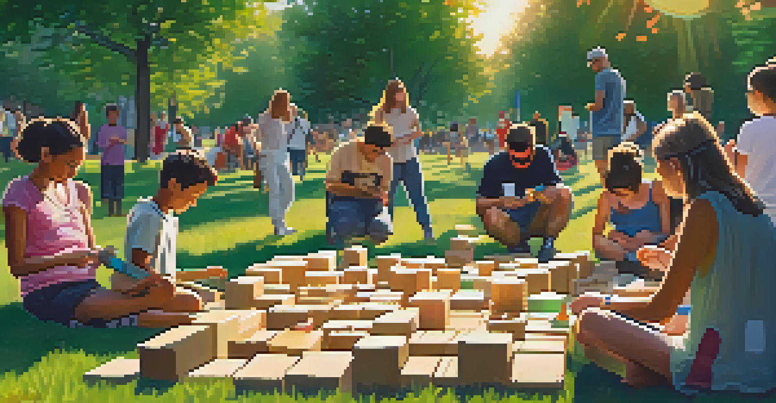 A community gathering in a park where people are carving and painting wooden blocks, with a warm sunset casting a golden glow.