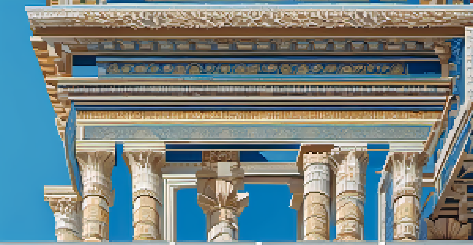 Modern building facade incorporating traditional architectural carvings with stylized classical columns and intricate patterns against a blue sky.