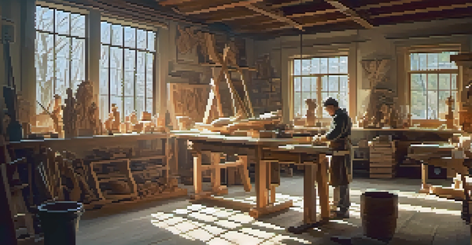 An artisan focused on wood carving in a bright workshop with sunlight, surrounded by tools and wooden shavings.