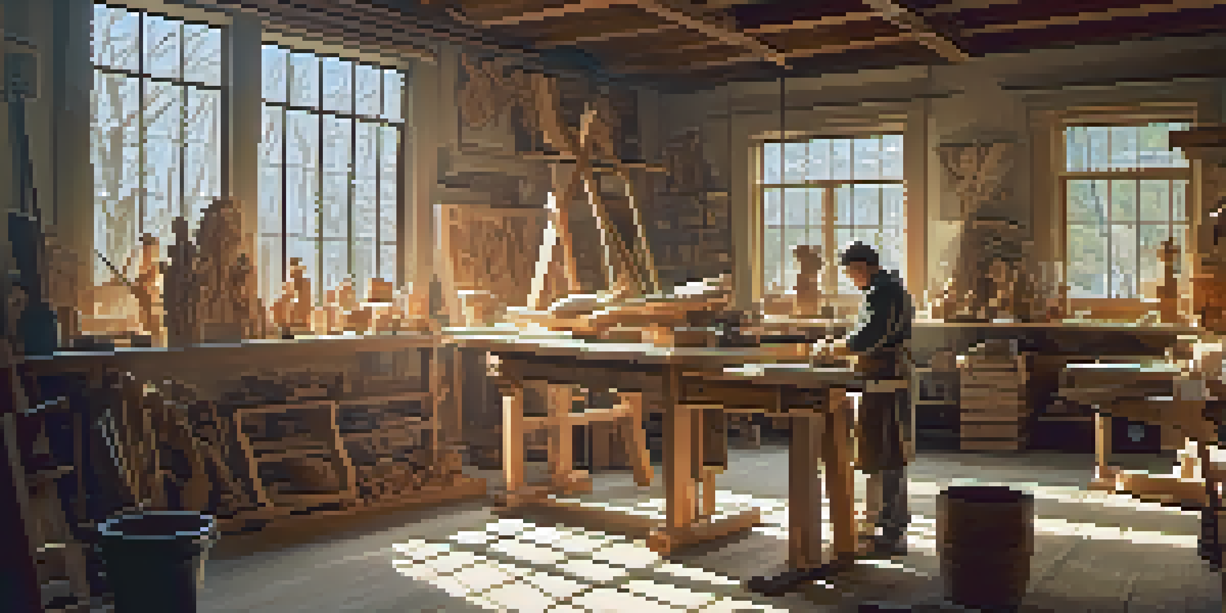 An artisan focused on wood carving in a bright workshop with sunlight, surrounded by tools and wooden shavings.