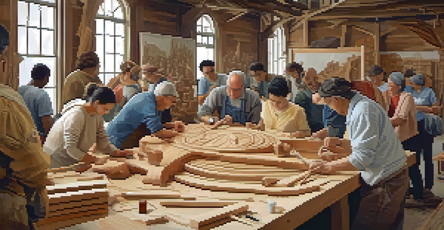 A community workshop where diverse participants collaborate on restoring a large wooden carving, surrounded by tools and materials in a lively atmosphere.
