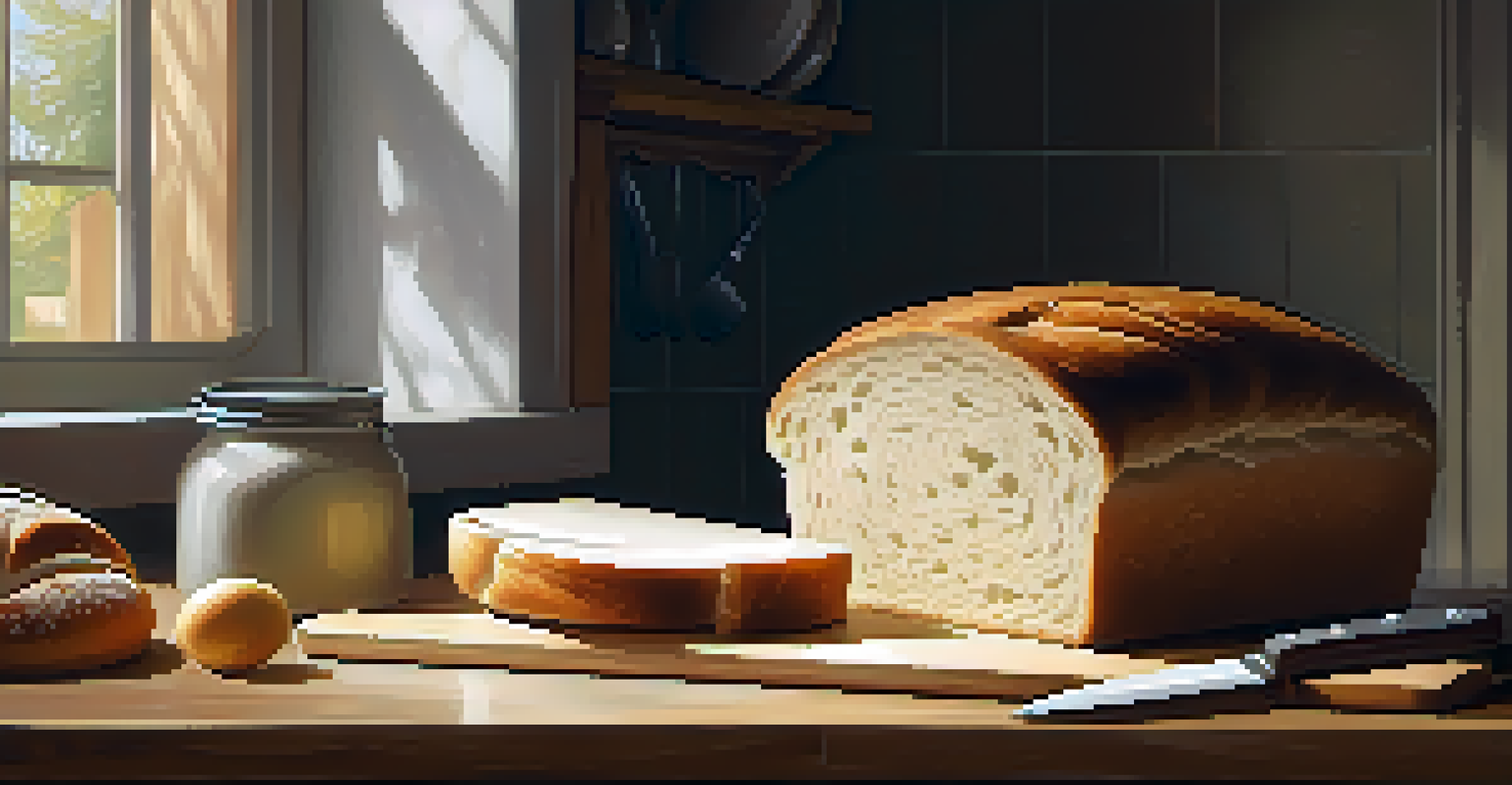 A cutting board with a loaf of bread being sliced by a sharp knife, with a damp cloth underneath for stability in a softly lit kitchen.