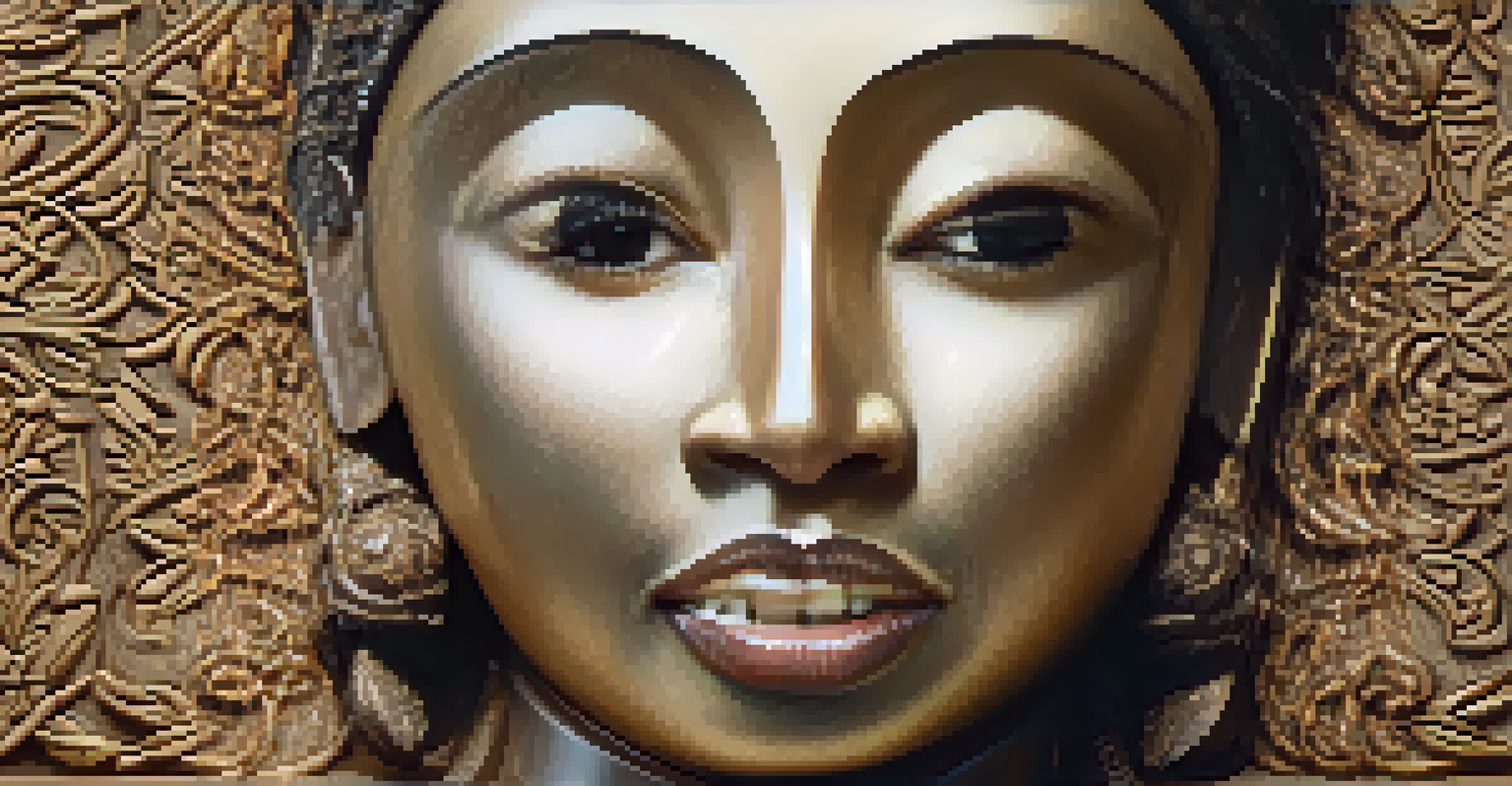 A detailed close-up of a carved figurine representing a character's heritage, set against a textured fabric backdrop with dramatic lighting.