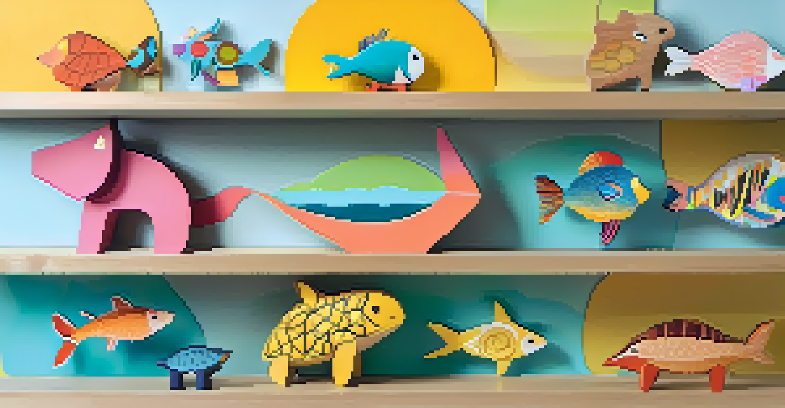 A collection of colorful wooden animal figures displayed on a shelf against a pastel background.