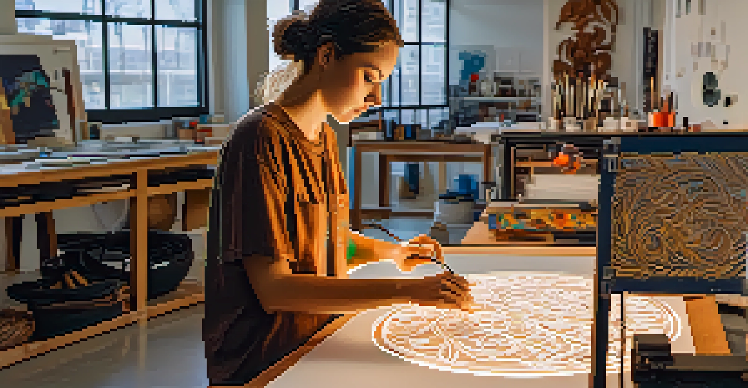 An artist using a laser engraver in a colorful modern studio, blending technology with traditional carving techniques.