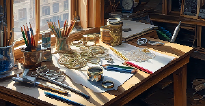 A jewelry designer's workspace with sketches, colored pencils, and tools, illuminated by warm natural light.