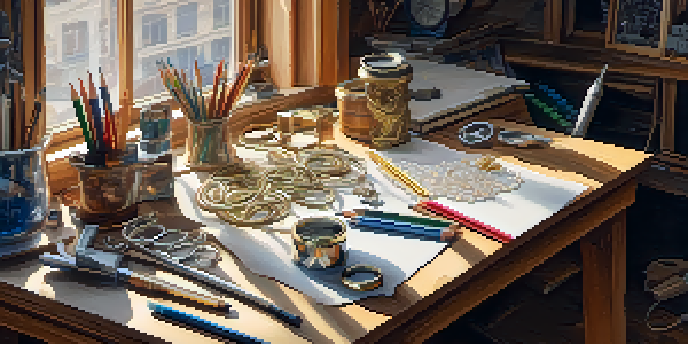A jewelry designer's workspace with sketches, colored pencils, and tools, illuminated by warm natural light.