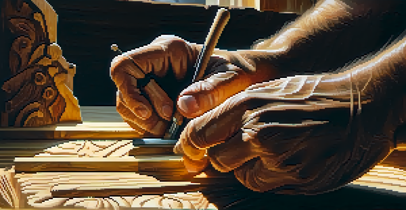 An artisan's hands carving patterns into pine wood, with tools and natural light.