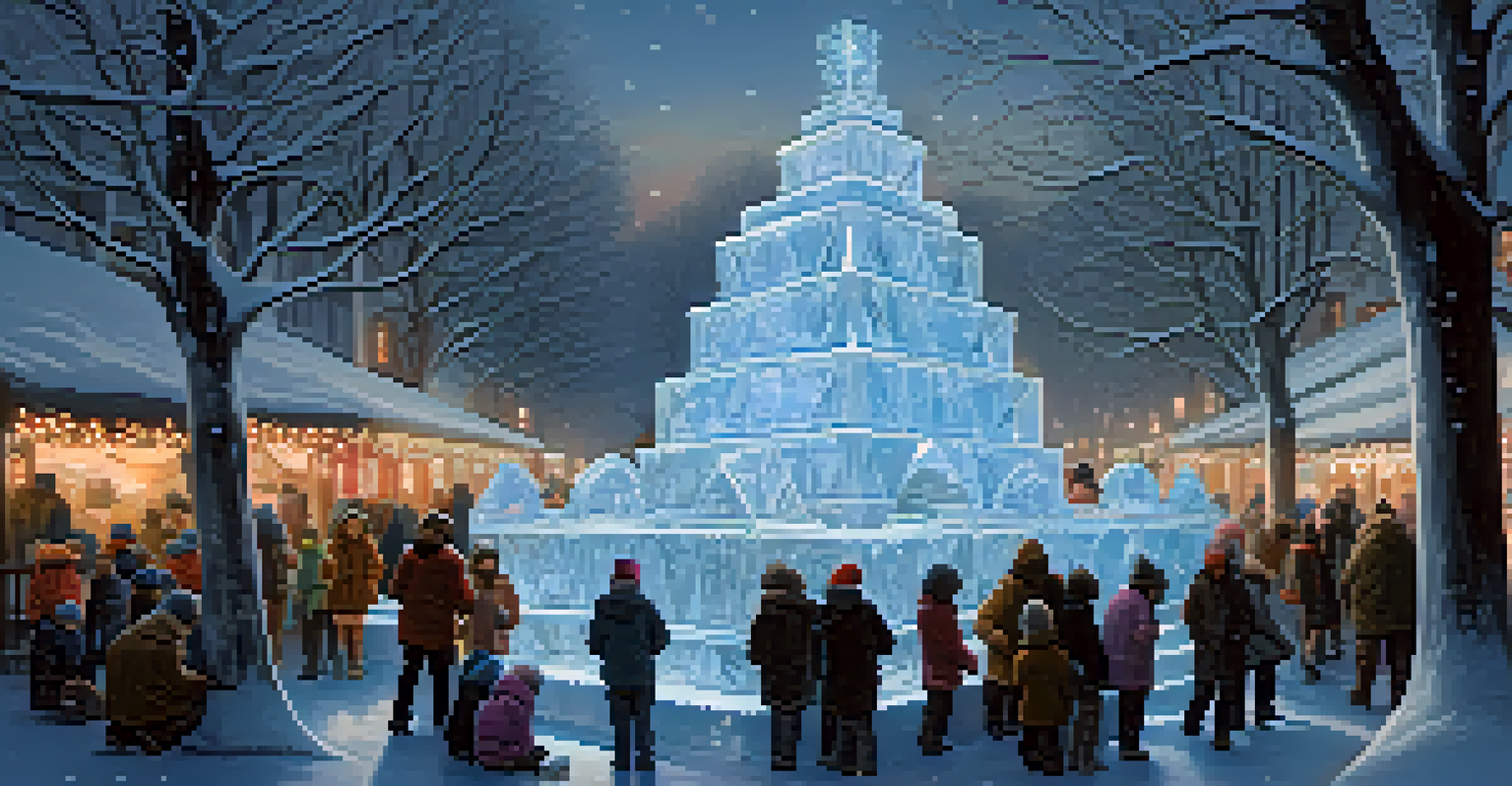 An artist carving a large block of ice at a winter festival, surrounded by spectators and festive lights.