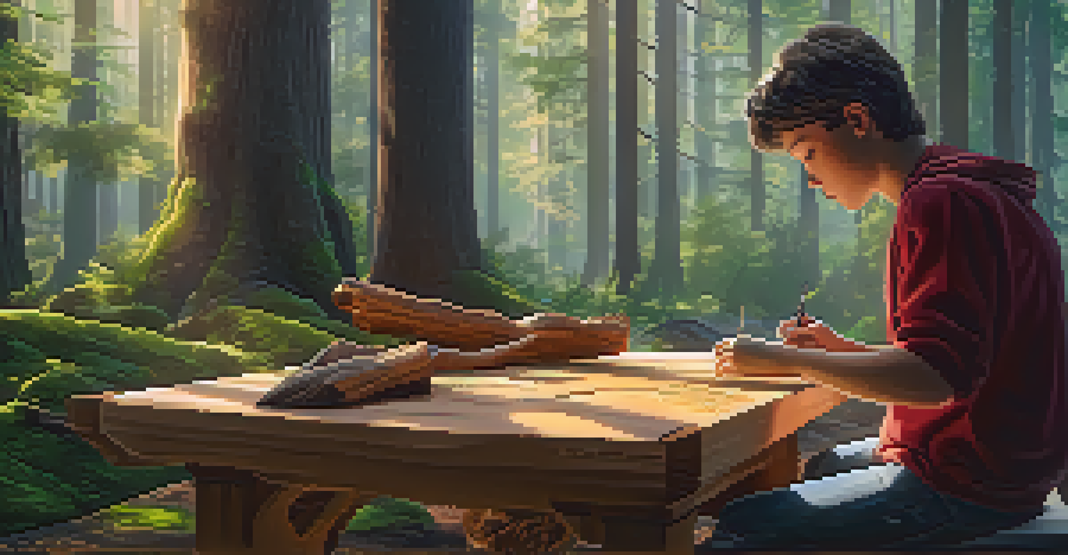 A beginner artist in a virtual forest learning wood carving with a holographic mentor and tools around them.