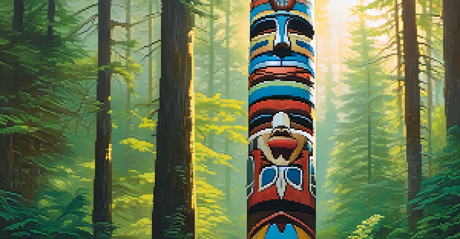 A Native American totem pole surrounded by a lush forest, featuring vibrant colors and symbolic figures, with sunlight filtering through the trees.