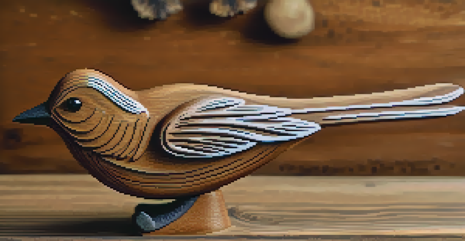 A detailed wooden ornament shaped like a bird, showcasing intricate whittling details on a rustic surface.